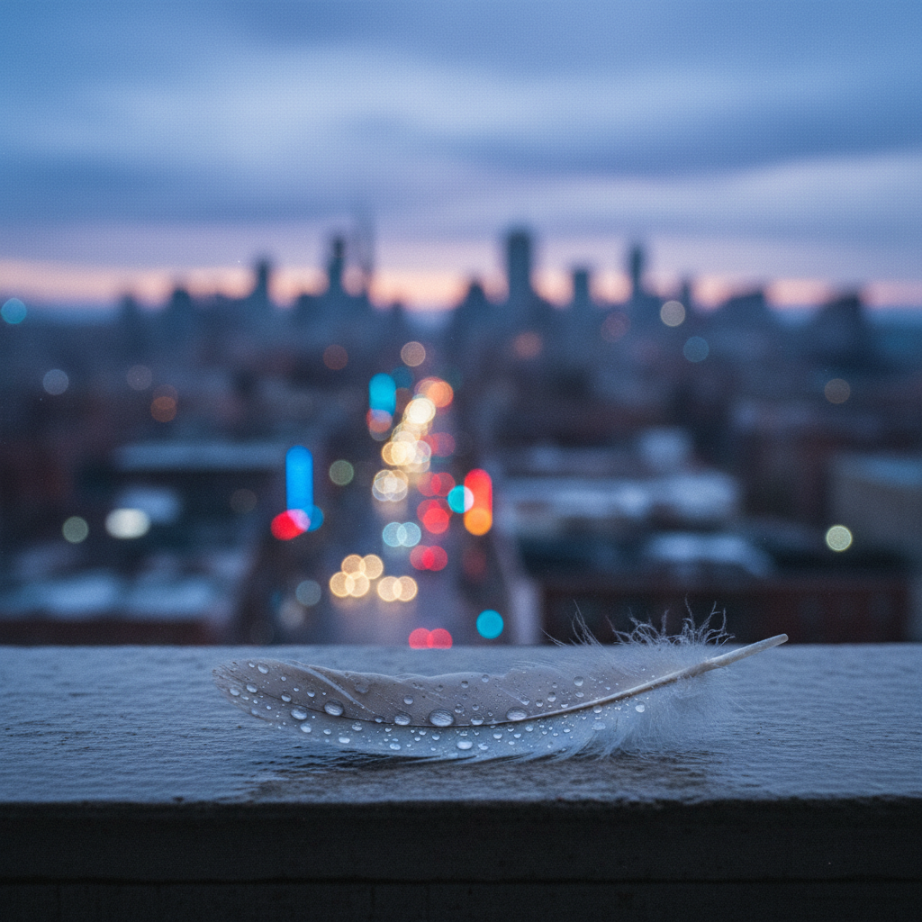 A solitary, weathered seagull feather lies on a slick, rain-darkened concrete ledge overlooking an out-of-focus cityscape. Tiny droplets cling to the delicate barbs, reflecting fractured neon signs and distant traffic lights. Soft, misty blue hour light seeps through low clouds, mingling with the cool glow of streetlamps, casting a gentle, cinematic sheen across the scene. The composition uses rule of thirds, feather in sharp focus at the lower edge, with the sprawling metropolis fading into velvety bokeh. The mood is contemplative and sophisticated, capturing an ephemeral pause in urban motion, rendered in photographic realism with subtle film-grain texture and a restrained, moody color palette.