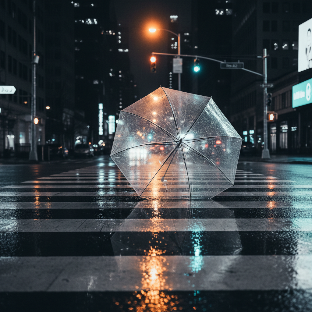 On a deserted nighttime crosswalk, a single, overturned transparent umbrella lies in a shallow puddle, its clear canopy flecked with raindrops and faint scratches. The white zebra stripes beneath shimmer through the water, reflecting the towering high-rise windows and traffic signals above. Overhead, a sodium streetlamp casts a warm cone of light, while distant billboards splash subtle hues of cyan and magenta into the wet asphalt. The camera is placed low and close to the ground, emphasizing glossy reflections and depth lines receding into darkness. The atmosphere is hushed and slightly surreal, like a paused frame in a noir film, with high-contrast, cinematic lighting and a meticulously realistic, sophisticated urban aesthetic.