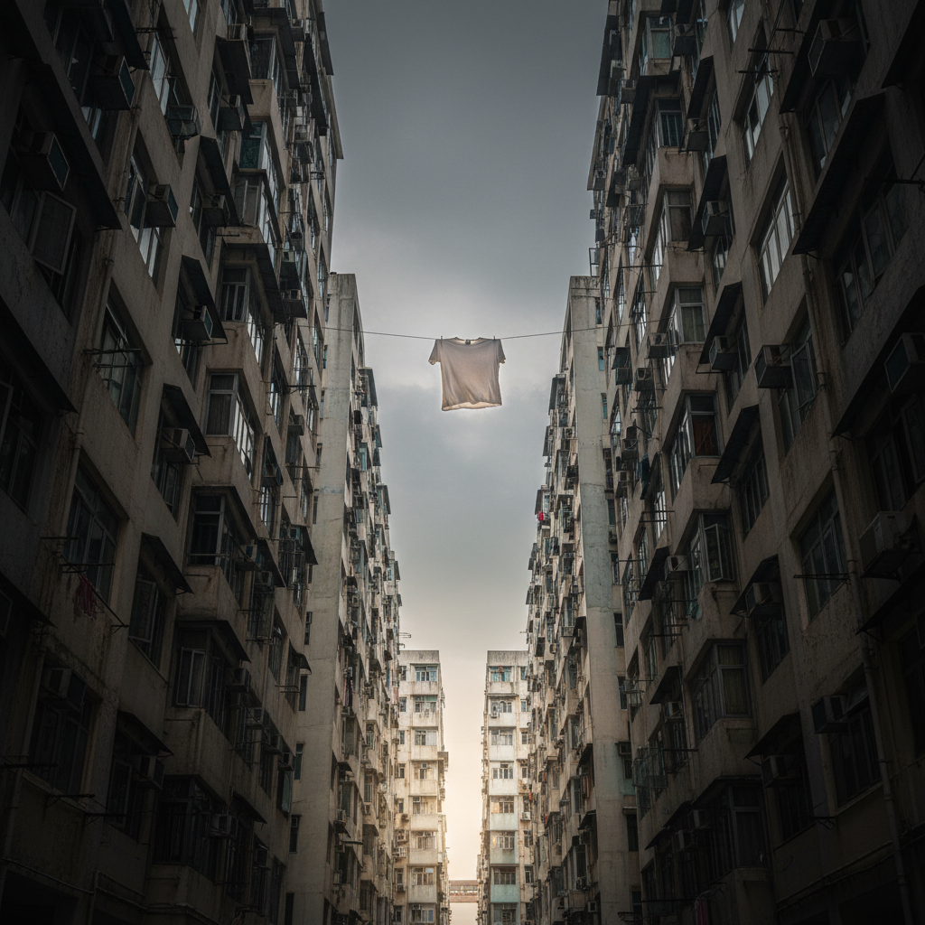 A narrow alley between tall apartment blocks reveals a lone, wind-stirred clothesline strung high overhead, holding a single white T-shirt that billows like a flag against a slate-gray sky. The surrounding walls are textured concrete, marked by subtle stains, faded paint, and a scattering of small air-conditioning units. Late afternoon light filters from one end of the alley, creating a gradient from luminous entrance to shadowed depths, with the shirt catching the brightest highlight. Captured from ground level, looking up along the vertical canyon of buildings, the composition emphasizes height and confinement. The atmosphere is quietly cinematic and introspective, hinting at hidden stories in dense urban life, with realistic detail and a refined, understated color grade.