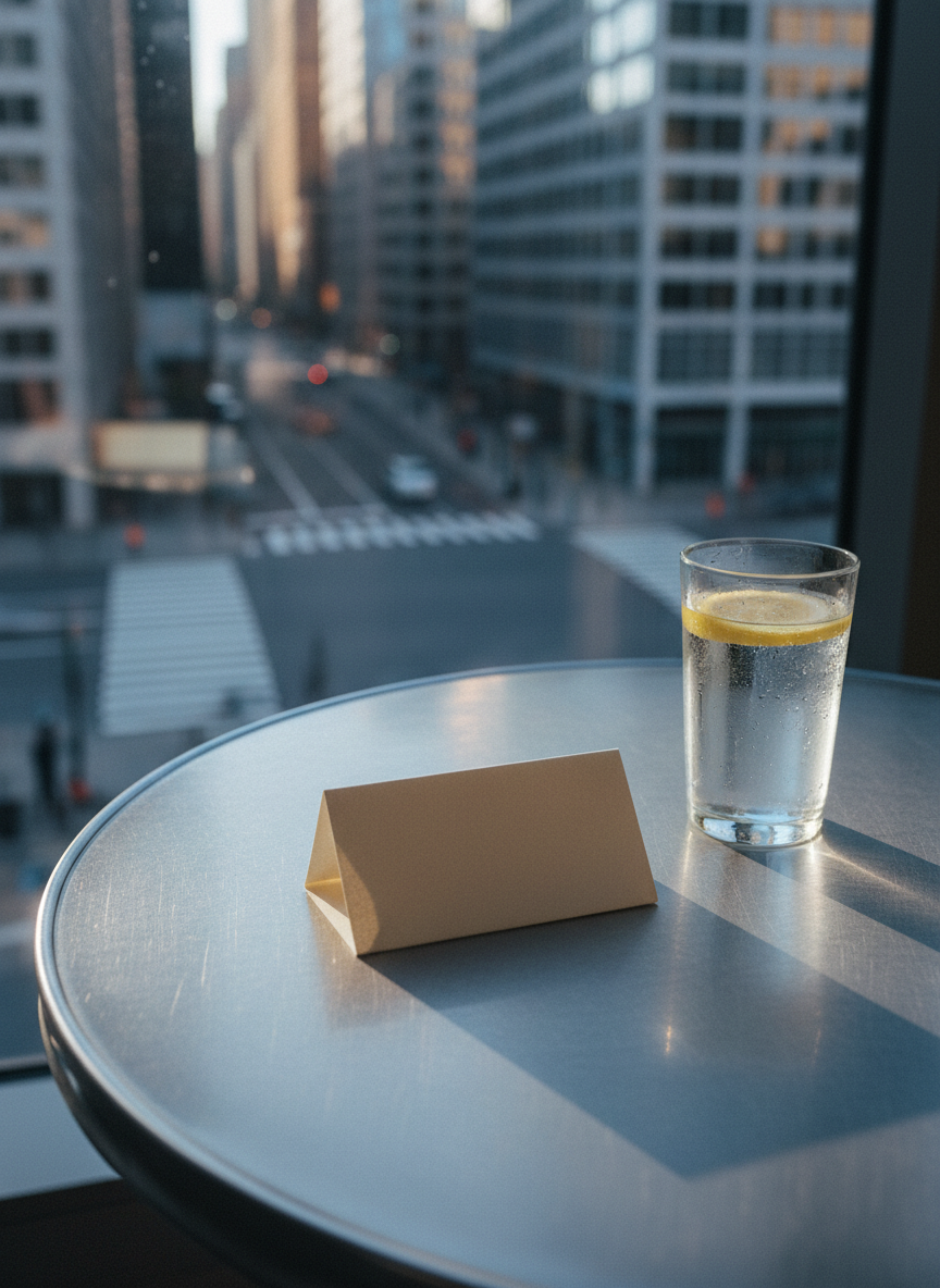 A small, folded sheet of creamy writing paper, corners slightly curled, rests on a brushed metal café table beside an untouched glass of water beaded with condensation. Through the wide window behind, blurred office towers and intersecting pedestrian crosswalks form an abstract, geometric urban backdrop. Late afternoon light pours in at an angle, creating long, refined shadows and illuminating the faint texture of the paper’s fibers. The scene is captured from a slightly elevated, three-quarter angle, with the note in sharp focus and the city melting into bokeh. The mood is quietly suspenseful yet elegant, as if freezing the moment just before or after revelation, with a sophisticated, cinematic realism and muted, cool-toned color grading.
