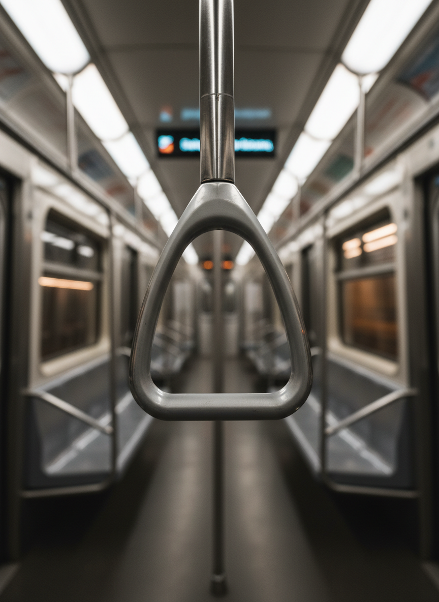 An empty, sleek chrome subway hand strap hangs motionless in the foreground of a dimly lit train car, its polished surface catching stray reflections of passing tunnel lights. Behind it, rows of molded plastic seats and vertical poles dissolve into soft cinematic blur, punctuated by faint LED sign glow and streaks of sodium-orange from narrow windows. Overhead fluorescent lighting is partially flickering, creating a rhythmic pattern of illumination and shadow. Shot at eye level with a shallow depth of field, the strap is centered, almost like a suspended punctuation mark in the quiet. The atmosphere is hushed and introspective, evoking a captured instant in the city’s perpetual flow, in a clean, realistic, cinematic style.