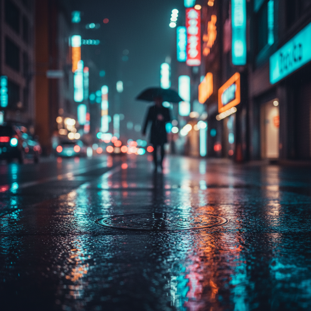 A cinematic urban scene capturing a fleeting city moment — rain-slicked pavement reflecting neon signs at night, shallow depth of field, quiet and introspective atmosphere, realistic cinematic style, square format